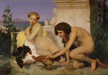 Junge Griechen hetzen Hähne zum Kampf auf, 1846
